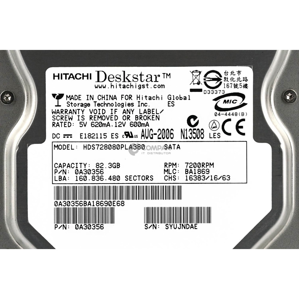 HDS728080PLA380 HITACHI HDD 80GB 7.2K 3.5" LFF SATA 1.5G